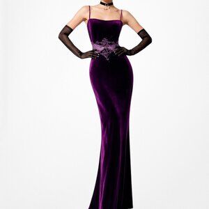 Vintage Purple Velvet Cutout Mesh Beaded Maxi Bodycon Prom Dress Size L